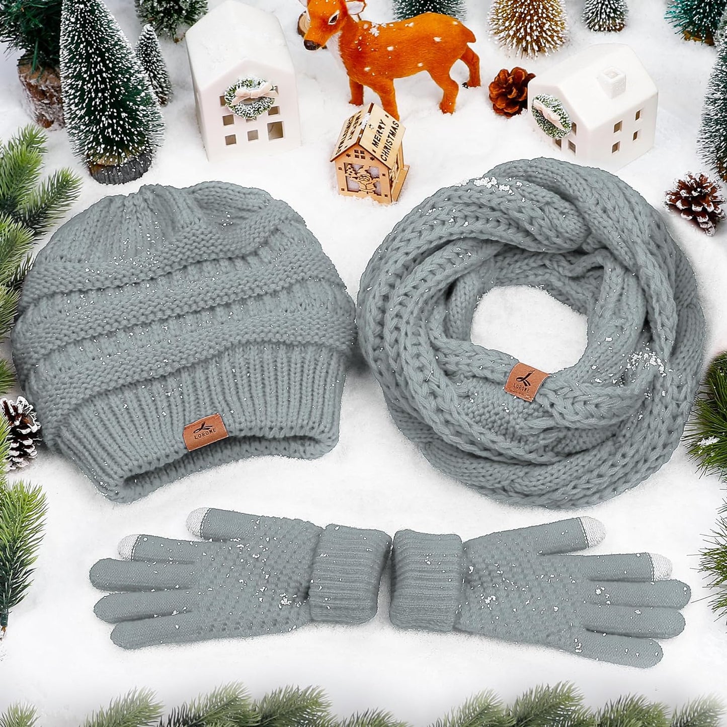 Winter Beanie Hat Scarf Gloves, Warm Fleece Knit Winter Hats Touch Screen Gloves Neck Scarf Set Winter Gifts for Women Men