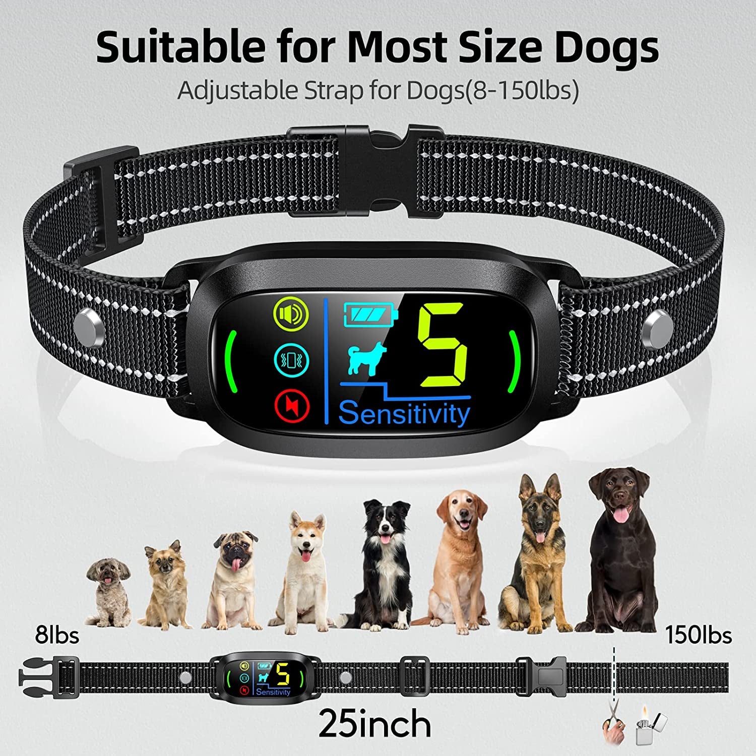 Dog Bark Collar,  Rechargeable Smart Collar, anti Barking Training Collar with 5 Adjustable Sensitivity Beep Vibration Shock, Bark Collar for Large Medium Small Dogs (Black)