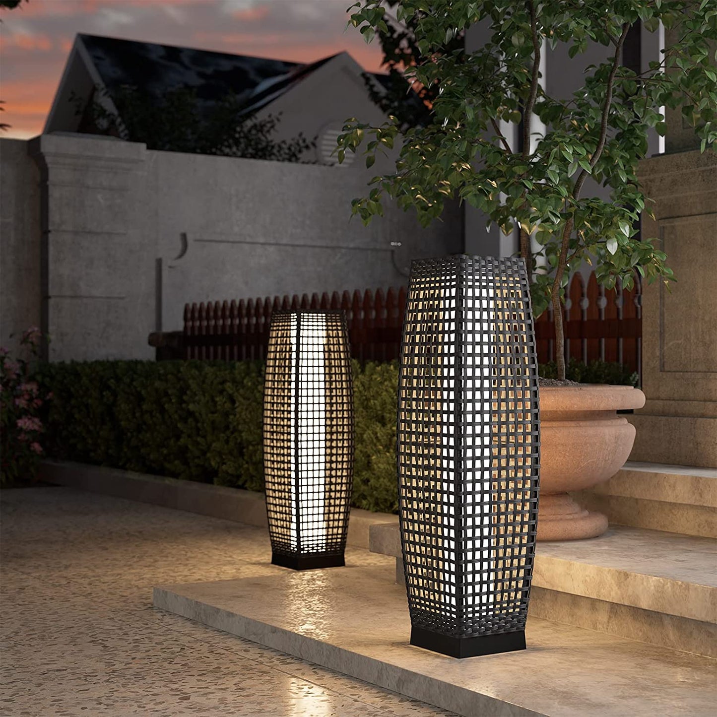 Outdoor Solar Powered Resin Wicker Floor Lamp, Outdoor Weather-Resistant Deck Light, for Garden or Porch -Large Fuji, Silver Gray