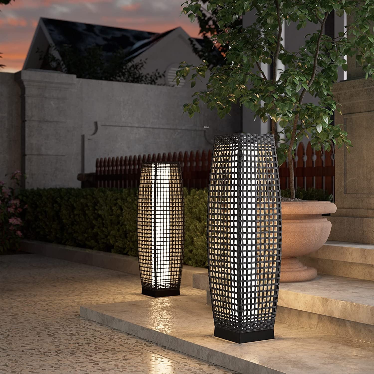 Outdoor Solar Powered Resin Wicker Floor Lamp, Outdoor Weather-Resistant Deck Light, for Garden or Porch -Large Fuji, Silver Gray