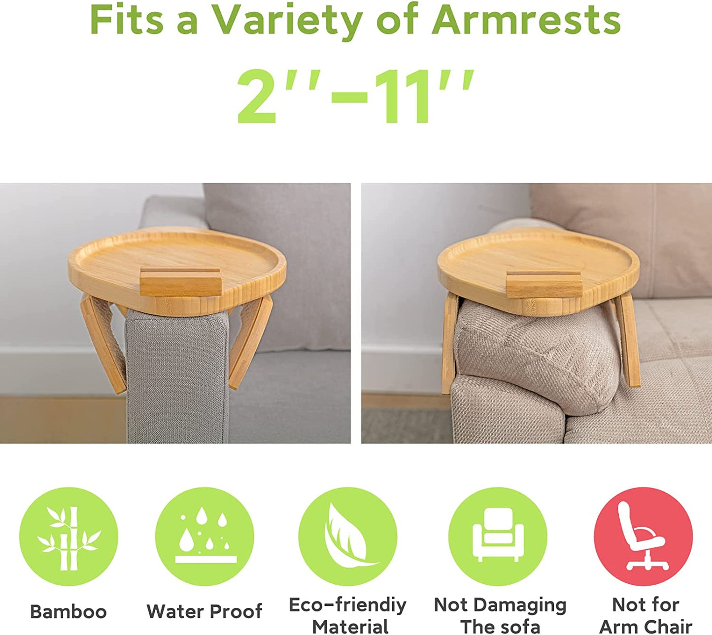 Bamboo Sofa Tray Table Clip on Side Table Couch Arm with 360° Rotating Phone Holder, Couch Tray for Arm, Sofa Table for Eating/Drinks/Snacks/Remote/Control