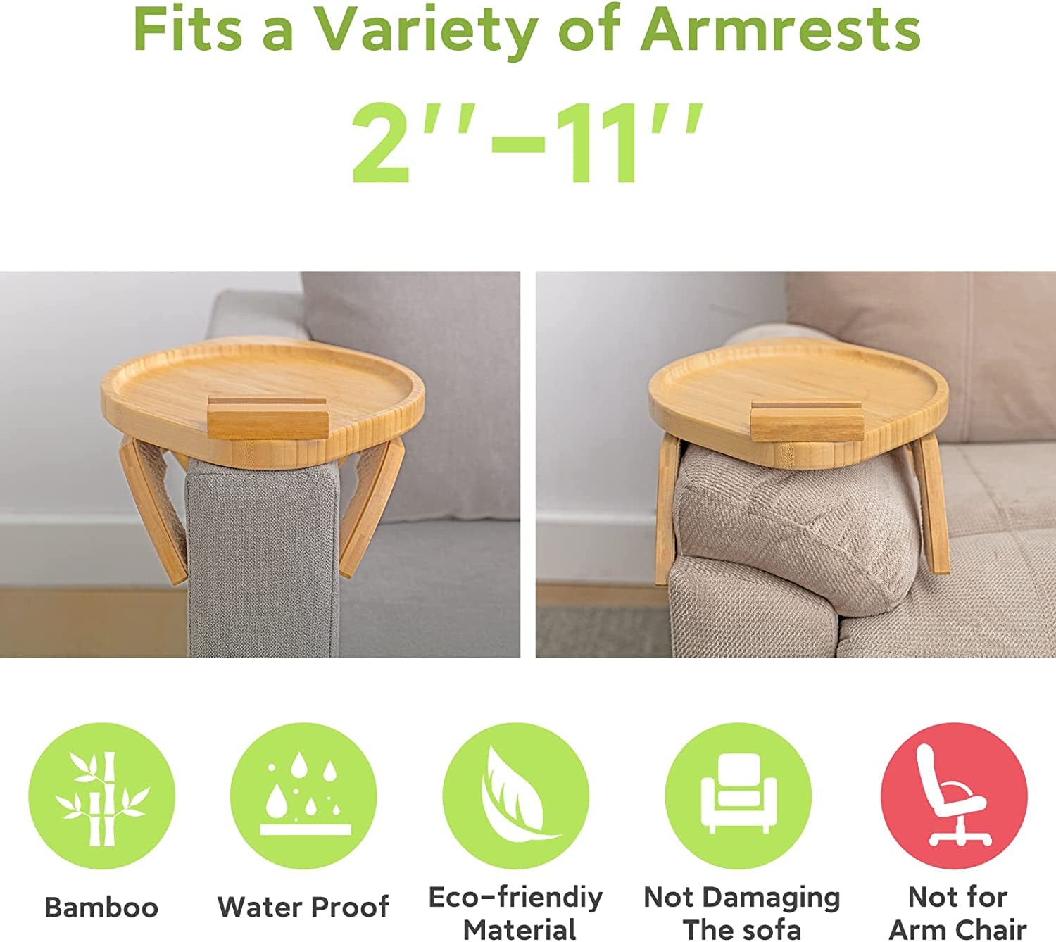Bamboo Sofa Tray Table Clip on Side Table Couch Arm with 360° Rotating Phone Holder, Couch Tray for Arm, Sofa Table for Eating/Drinks/Snacks/Remote/Control
