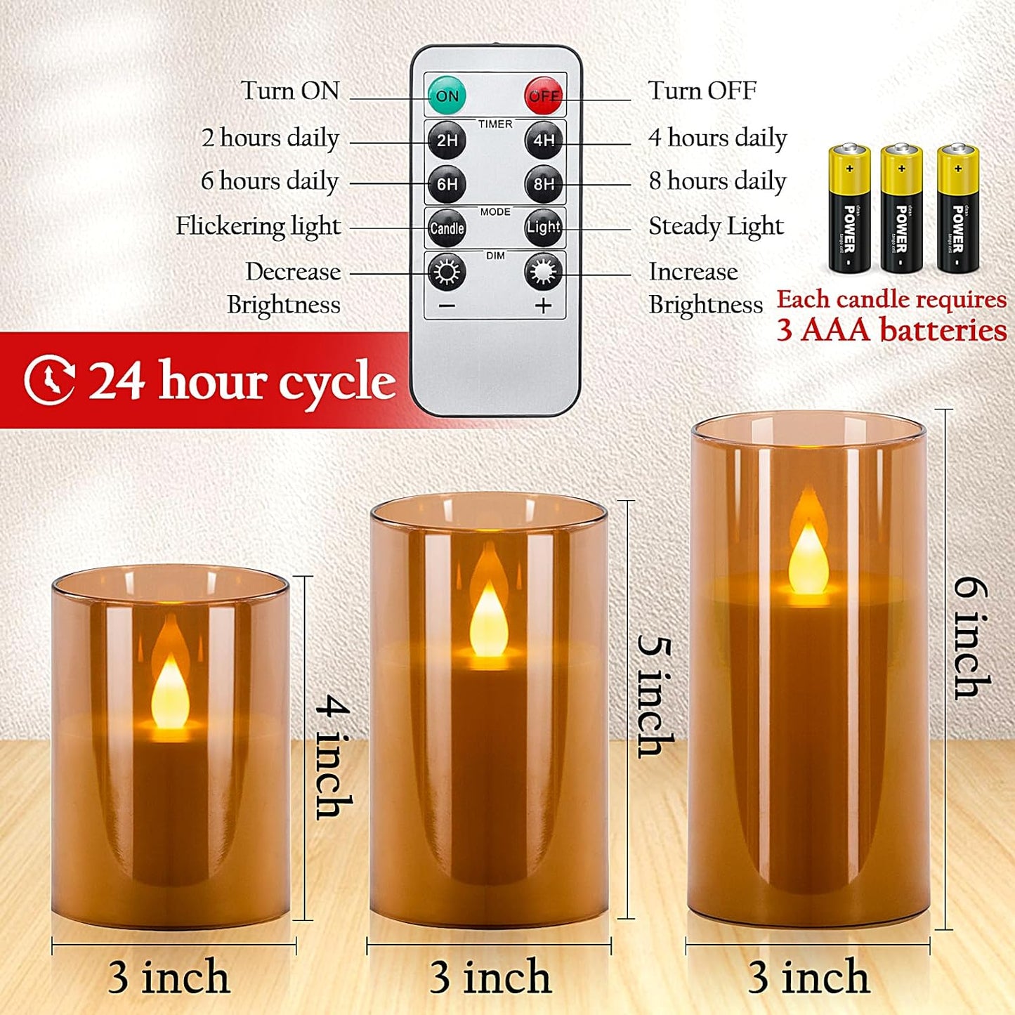 Flameless Candles with Remote, Acrylic Battery Operated Flickering LED Pillar Candles Set of 3 (D:3" X H:4" 5" 6"), Electric Fake Candles, Brown