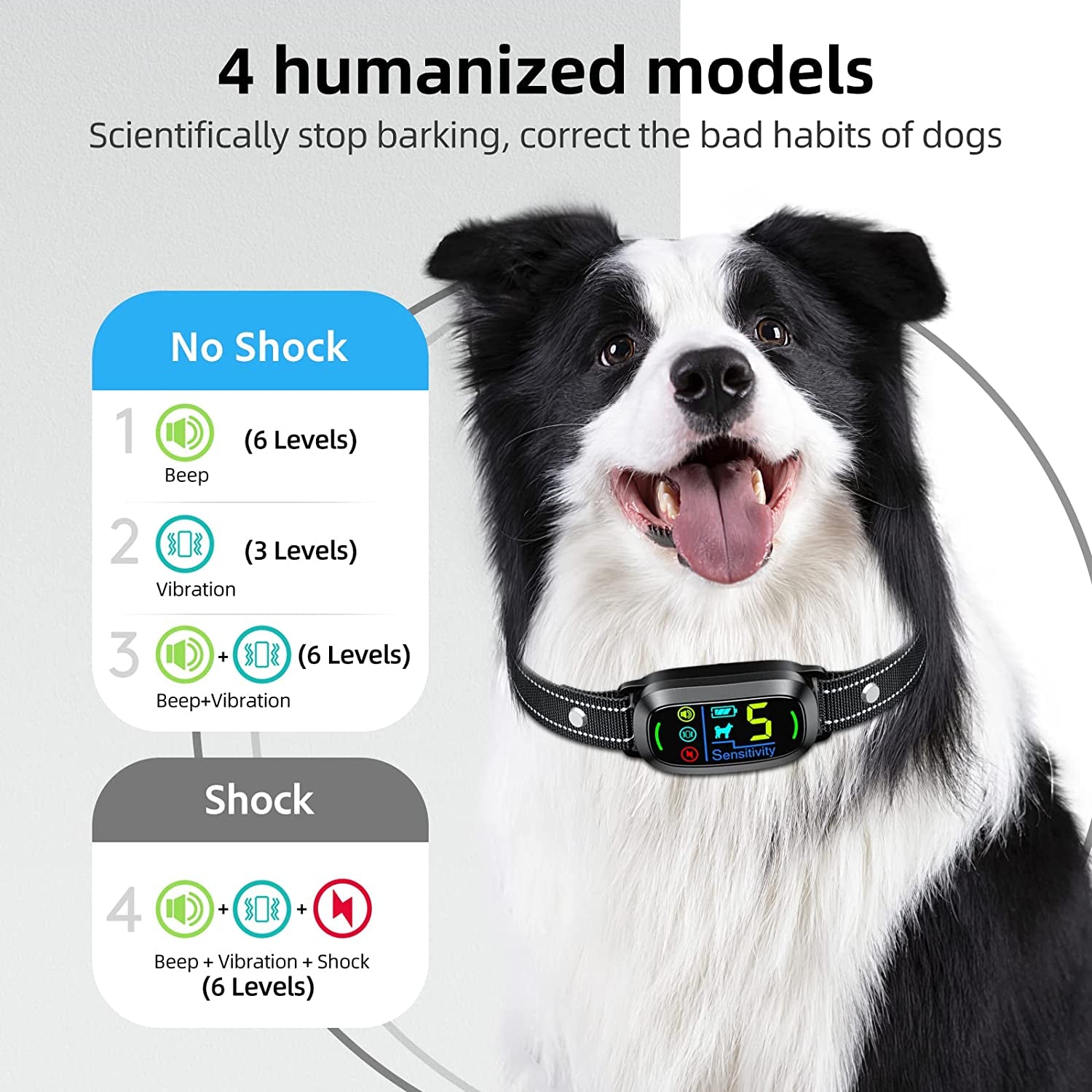 Dog Bark Collar,  Rechargeable Smart Collar, anti Barking Training Collar with 5 Adjustable Sensitivity Beep Vibration Shock, Bark Collar for Large Medium Small Dogs (Black)