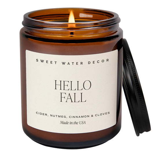 Hello Fall Soy Candle | Hot Cider, Cinnamon, Cloves, Apple, and Nutmeg Scented Candles for Home | 9Oz Amber Jar + Black Lid, 40+ Hour Burn Time, Made in the USA