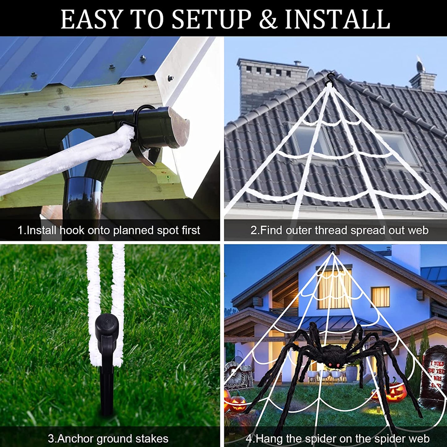 KUCHEY Halloween Decorations Outdoor 200'' Triangular Spider Web+47'' Giant Fake Spiders, Halloween Decor Indoor Clearance for Home outside Yard Costumes Party Haunted House Garden Lawn