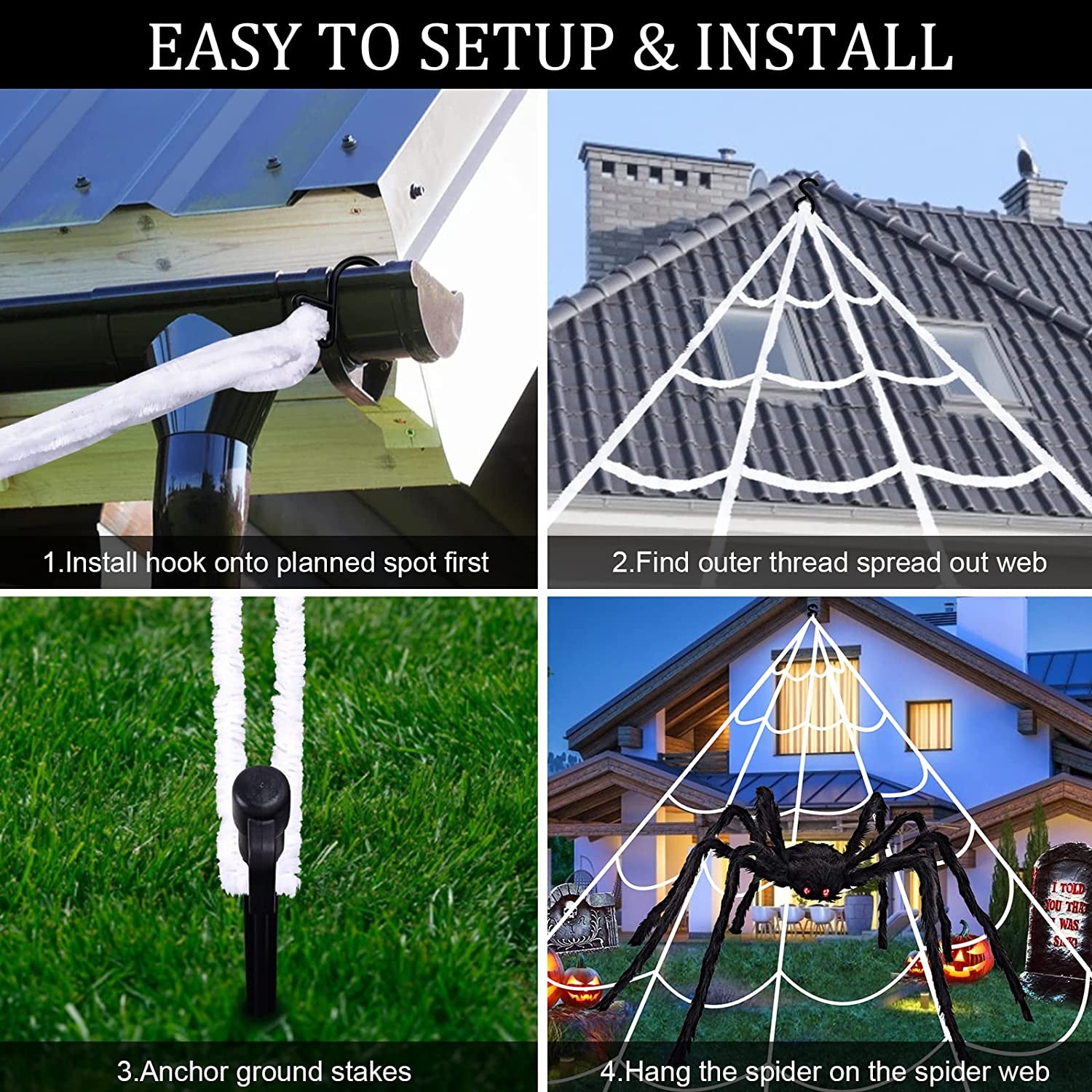 KUCHEY Halloween Decorations Outdoor 200'' Triangular Spider Web+47'' Giant Fake Spiders, Halloween Decor Indoor Clearance for Home outside Yard Costumes Party Haunted House Garden Lawn