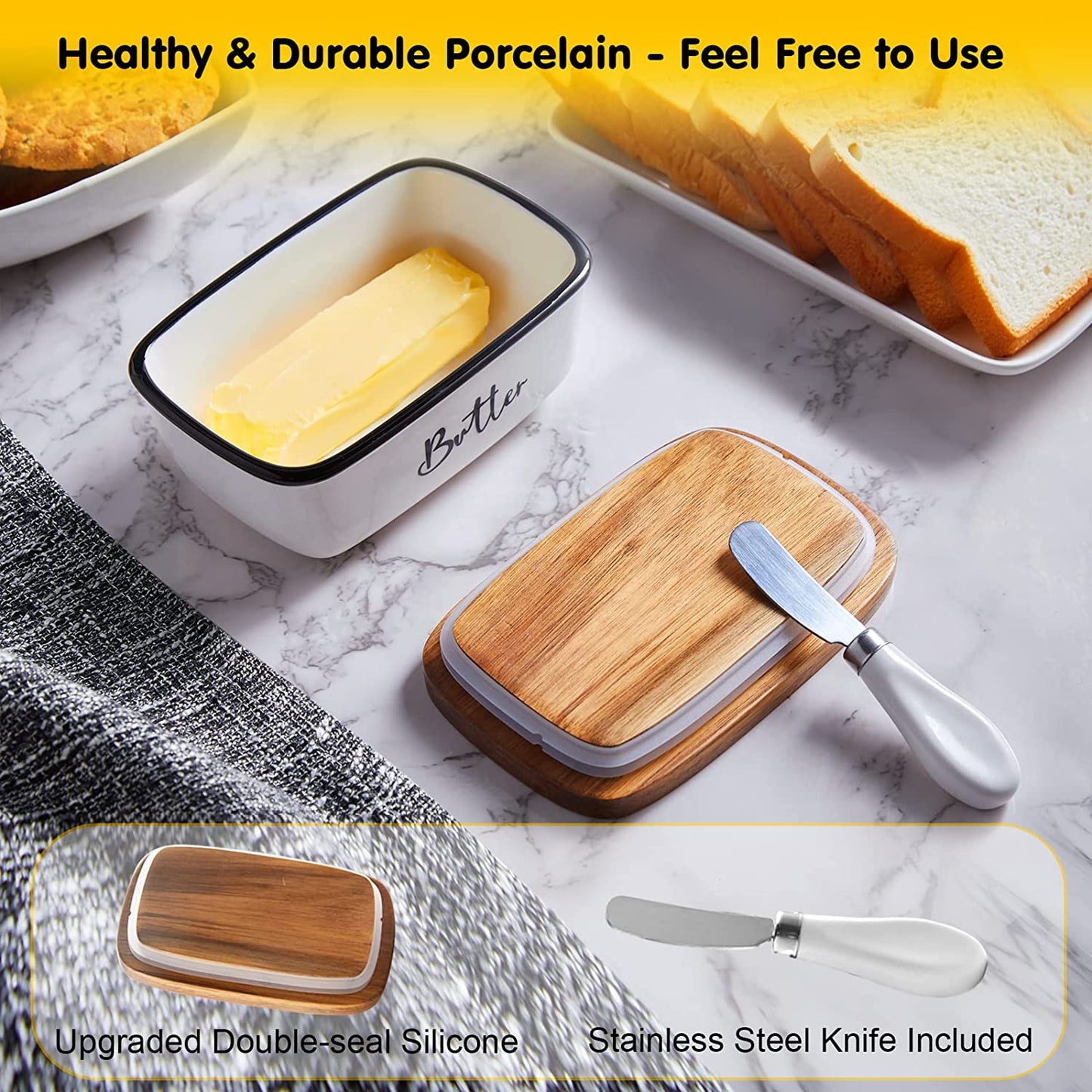 Farmhouse Butter Dish with Lid and Knife for Countertop, Airtight Butter Keeper for Counter or Fridge, Ceramic Butter Container with Thick Acacia Wood Lid, for Kitchen Decor and Accessories, White