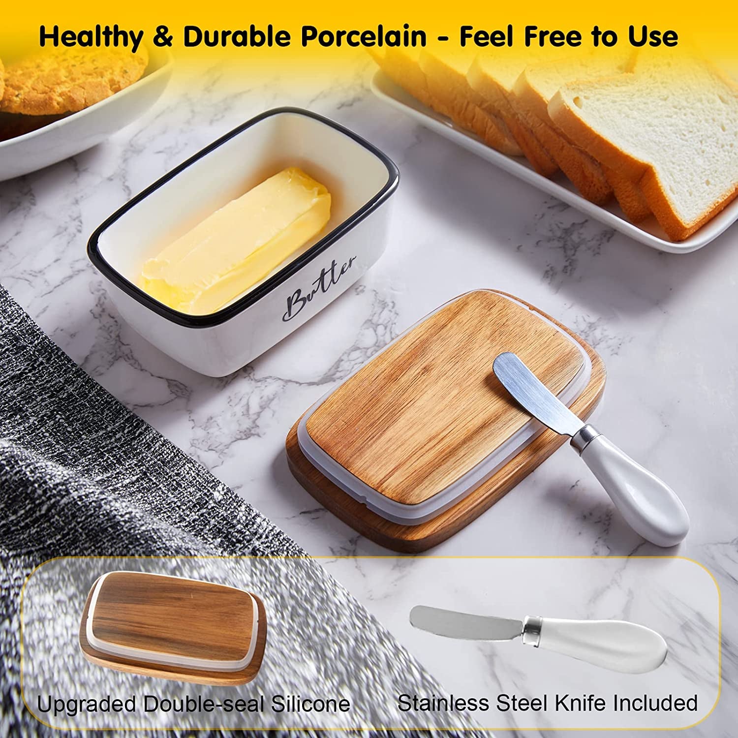 Farmhouse Butter Dish with Lid and Knife for Countertop, Airtight Butter Keeper for Counter or Fridge, Ceramic Butter Container with Thick Acacia Wood Lid, for Kitchen Decor and Accessories, White
