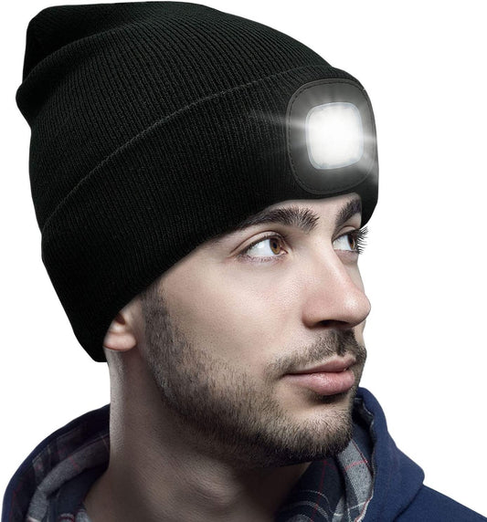 Unisex Beanie with Light, USB Rechargeable LED Headlamp Beanie, Gifts for Dad Father Men Husband Warm Knitted Cap Black
