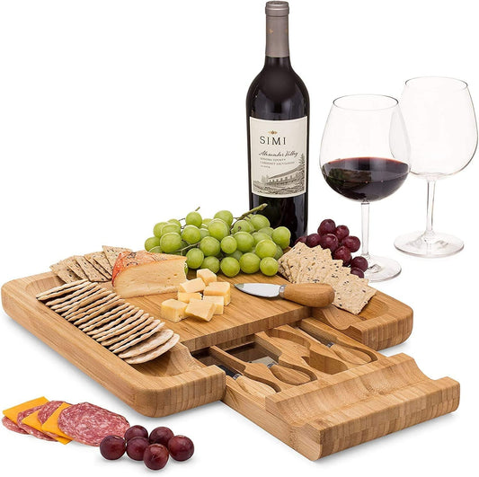 Bamboo Cheese Board Charcuterie Board Set with Cutlery - Slide-Out Drawer Includes 4 Stainless Steel Serving Utensils - Serving Tray for Wedding Gifts, Christmas Gifts, Housewarming