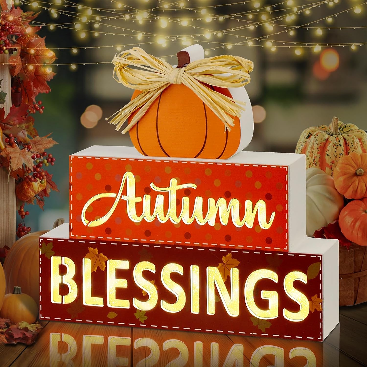 Fall Wooden Signs Light Up,Autumn Blessings Pumpkin Sing Lighted Fall Decorations for Home Indoor Table Mantle Tiered Tray Decor, Fall Harvest Thanksgiving Farmhouse Tabletop Decor