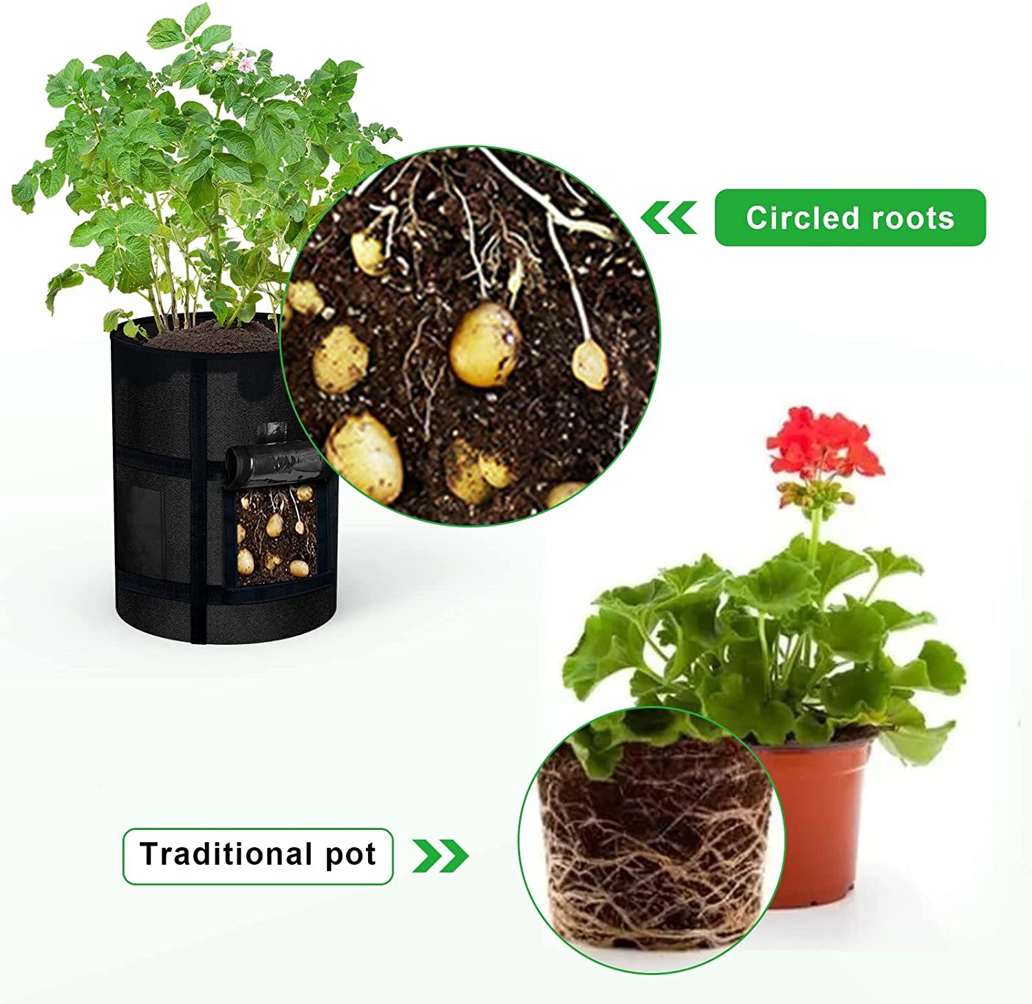 6-Pack 10 Gallon Grow Bags with Window to Harvest - Potato Grow Bags with Handles - Thickened Fabric Pots - Large Grow Bags - Tomato Vegetables Grow Bags with Harvest Window