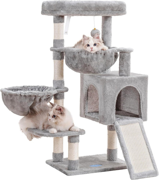 Cat Tree, Cat Tower for Indoor Cats, Cat House with Large Padded Bed, Cozy Condo, Hammocks, Sisal Scratching Posts, Big Scratcher, Light Gray MPJ006SW