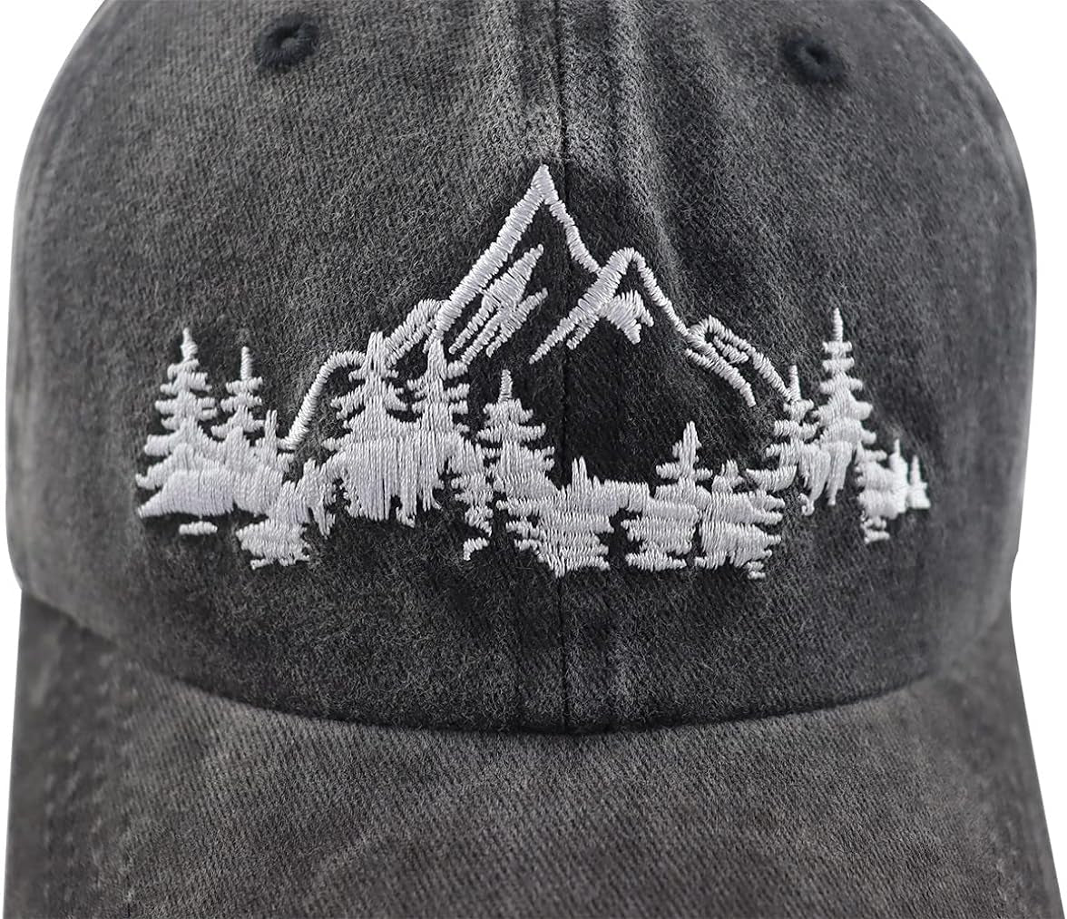 Mountain Trees Hat for Men Women, Funny Adjustable Cotton Embroidered Camping Hiking Explore Outdoor Baseball Cap
