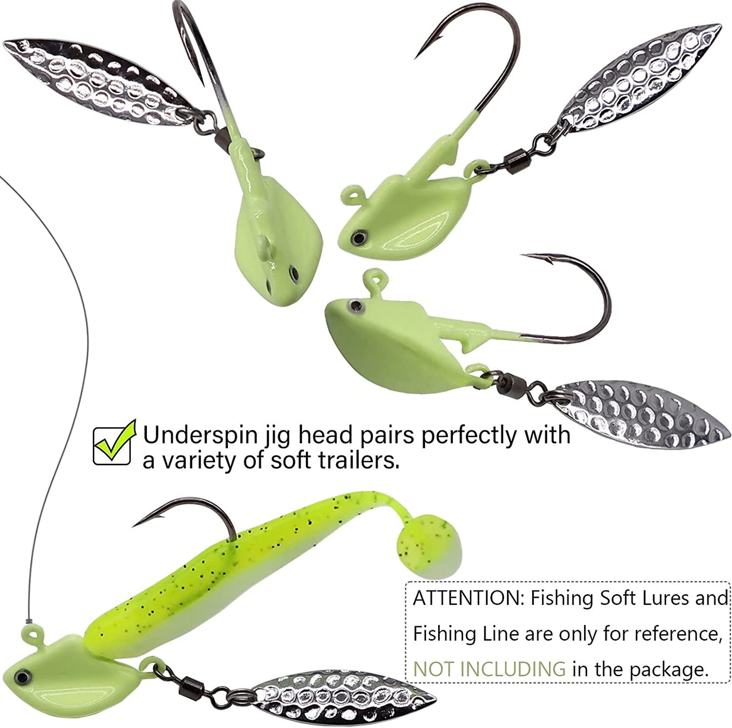 Fishing Jig Heads Underspin Jig Heads with Willow Blade Glow/Green/Blue/Colorful/Red 1/8Oz 1/4Oz 3/8Oz 1/2Oz 10Pcs