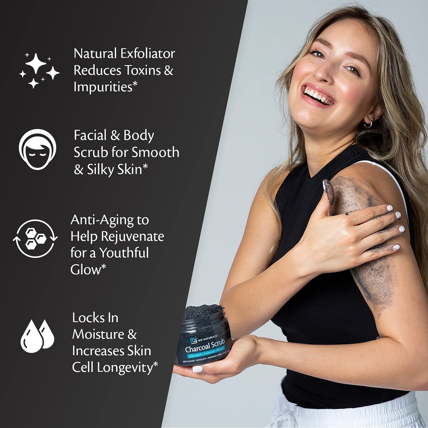 Charcoal Exfoliating Body Scrub Polish with Collagen & Stem Cell Gentle Body Exfoliator Face Scrub Bump Eraser Booty Scrub Best Shower Scrub Skin Exfoliant for Men & Women Polish
