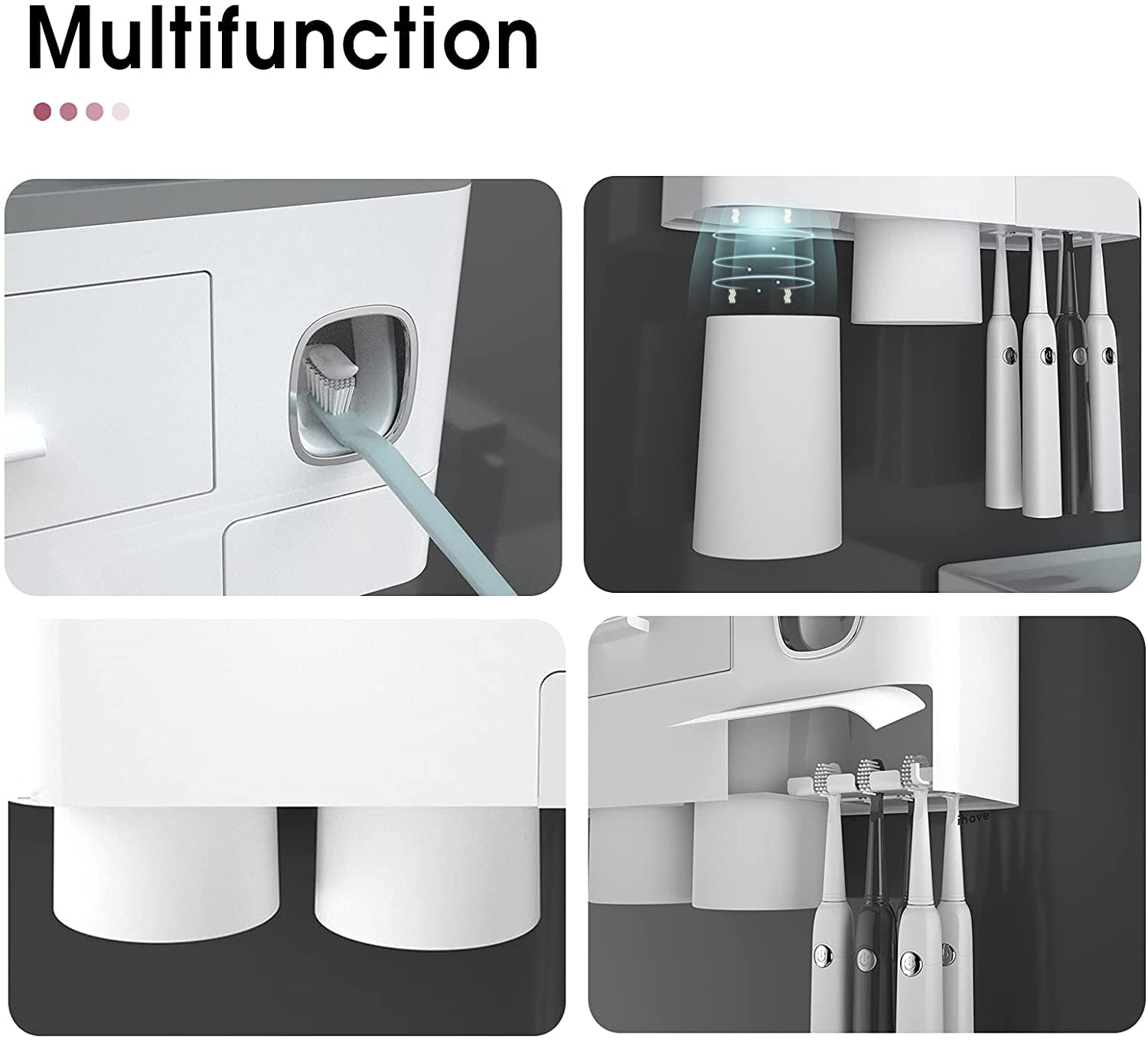 Toothbrush Holders for Bathrooms, 2 Cups Toothbrush Holder Wall Mounted with Toothpaste Dispenser, Large Capacity Tray, Cosmetic Drawer and 6 Brush Slots with Cover Tooth Brush Holder