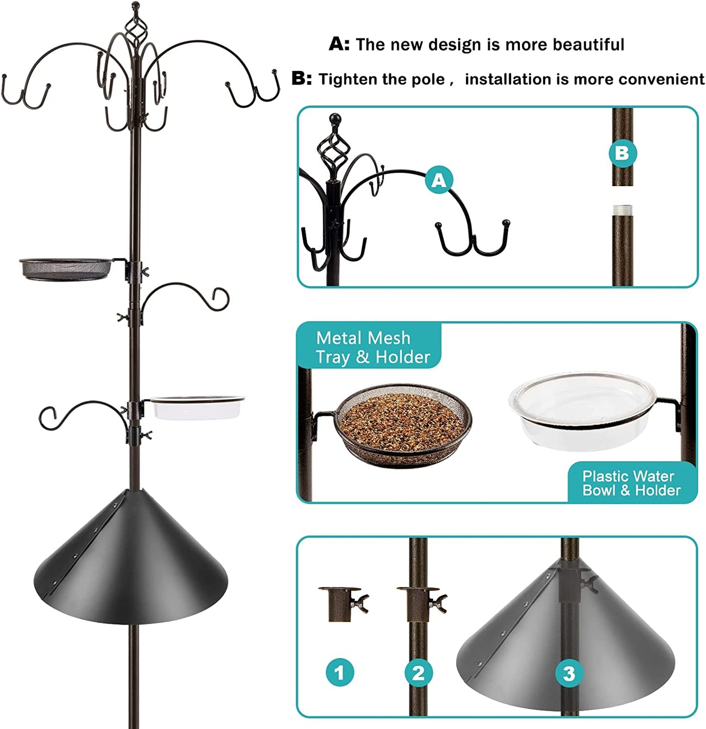 Bird Feeder Station Bird Feeding Station Kit Bird Feeder Pole Wild Bird Feeder Kit with Squirrel Baffle and Suet Cage Mesh Tray Fruit Hook Double W Hook for Attracting Wild Birds (15"L X 3"W X 6"H)