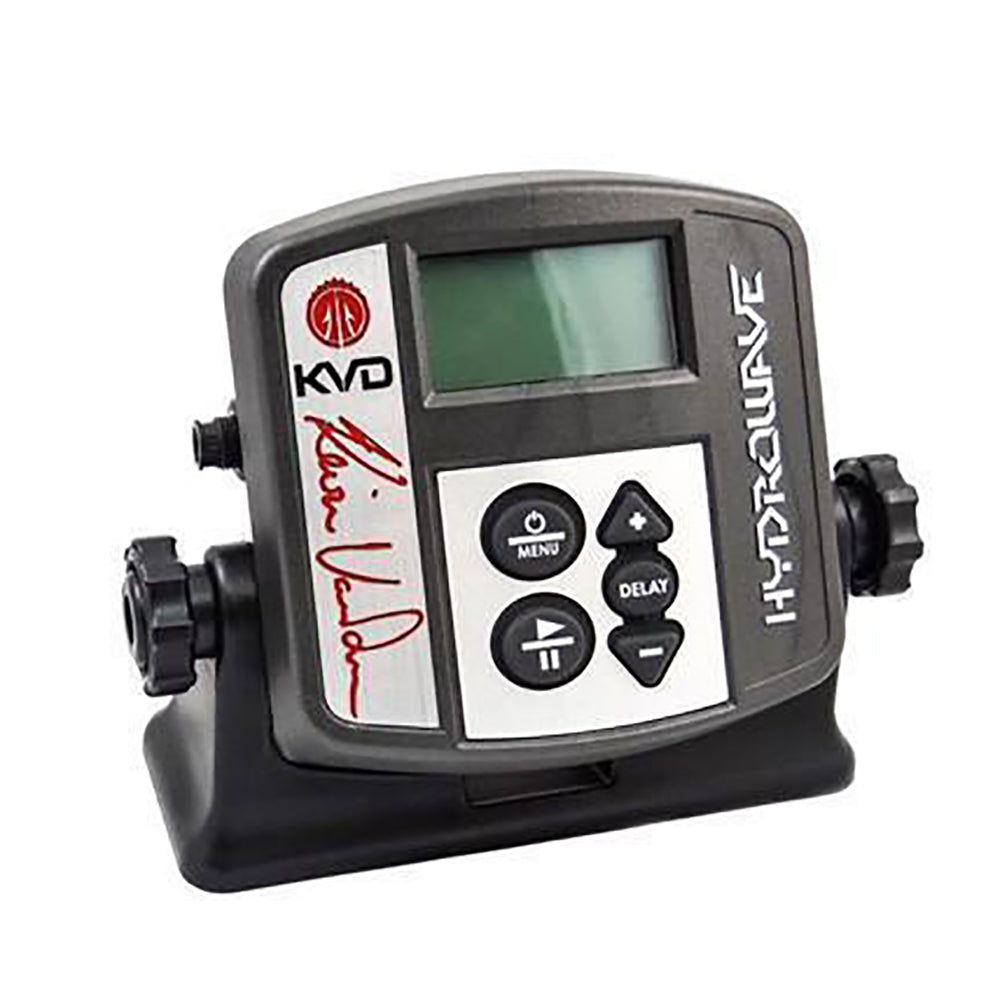 A T-H Marine HydroWave H2 system package, featuring a black and gray device with a digital screen and control buttons, signed by Kevin Van Dam.