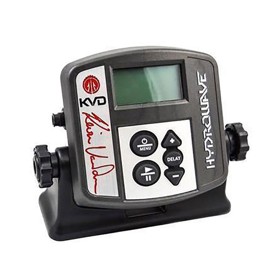A T-H Marine HydroWave H2 system package, featuring a black and gray device with a digital screen and control buttons, signed by Kevin Van Dam.