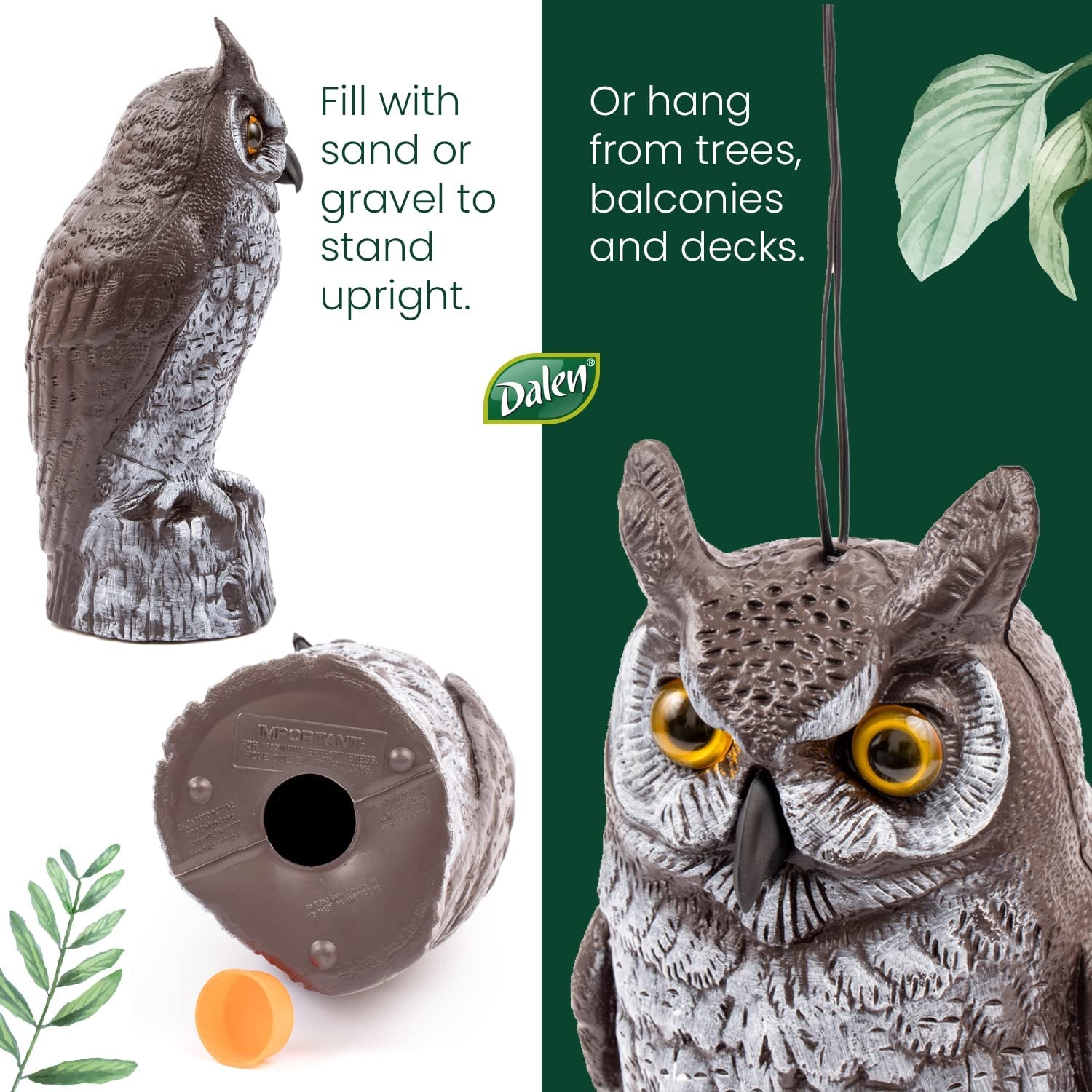 Fake Owl Decoy to Scare Birds Away from Gardens, Rooftops, and Patios - Scarecrow Provides Chemical-Free Pest Control - Safe and Humane, 16" Great Horned Owl