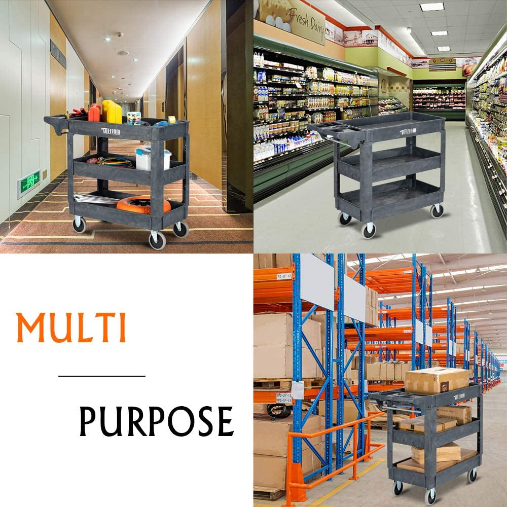 Plastic Service Utility Cart, Support up to 550Lbs Capacity, Heavy Duty Tub Storage Cart W/Deep Shelves, Multipurpose Rolling 3-Tier Mobile Storage Organizer, for Warehouse Garage