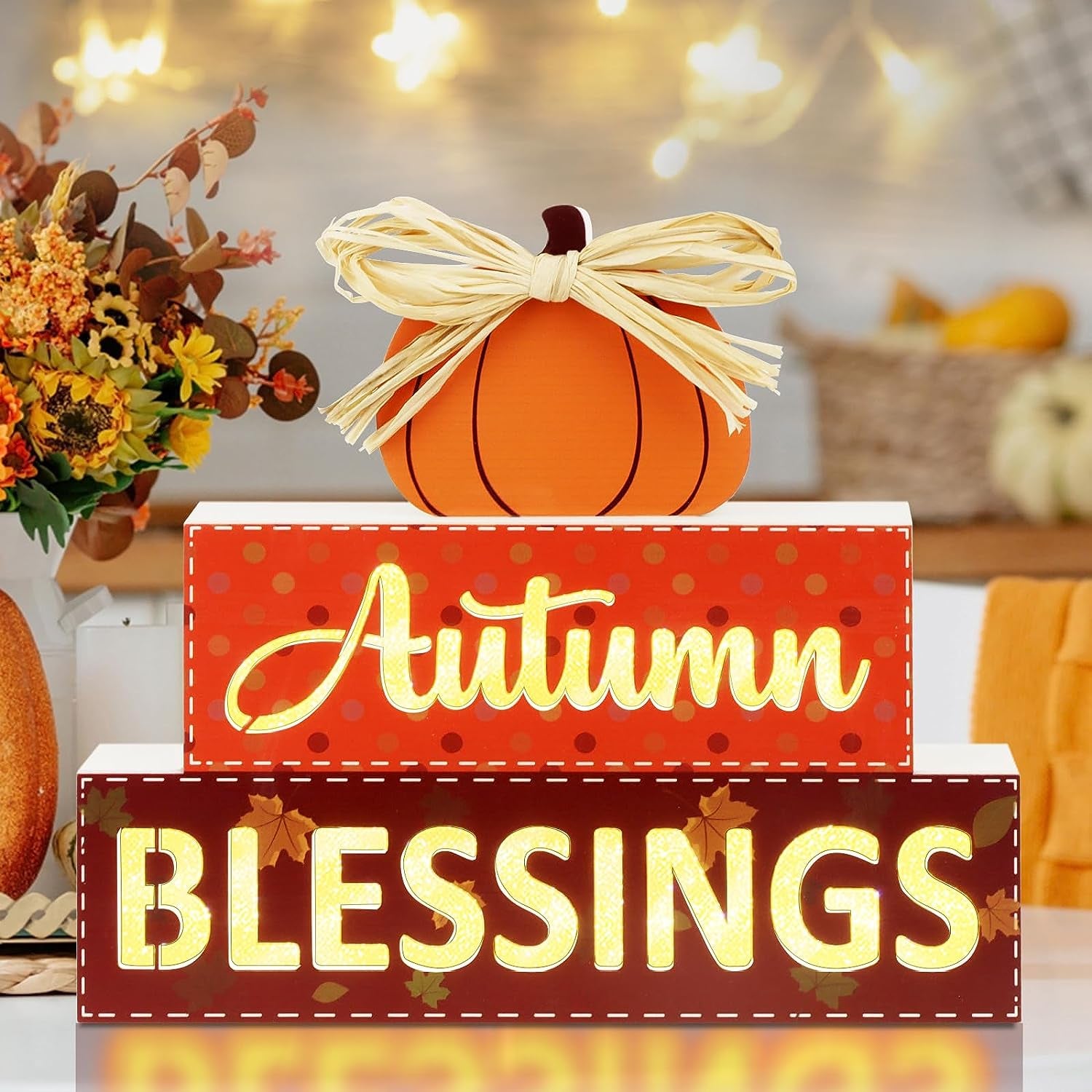 Fall Wooden Signs Light Up,Autumn Blessings Pumpkin Sing Lighted Fall Decorations for Home Indoor Table Mantle Tiered Tray Decor, Fall Harvest Thanksgiving Farmhouse Tabletop Decor