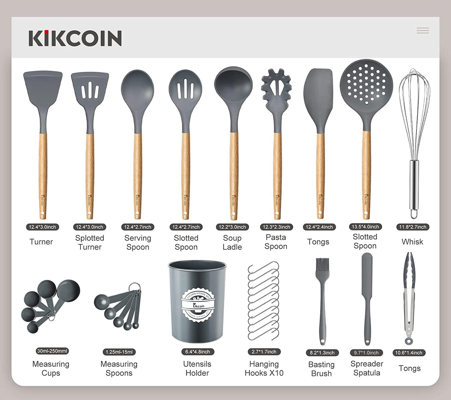 33 PCS Silicone Cooking Utensils Set,  Wood Handle Kitchen Utensils Set with Holder, Spatulas Silicone Heat Resistant Cooking Gadgets for Nonstick Cookware, Grey