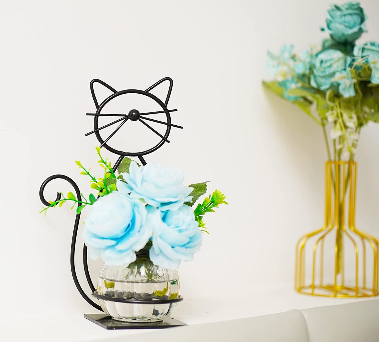 Desktop Glass Planter Vase Holder, Metal Cat Plant Terrarium Stand for Plants Creative Decorations for Home Patio Lawn Garden