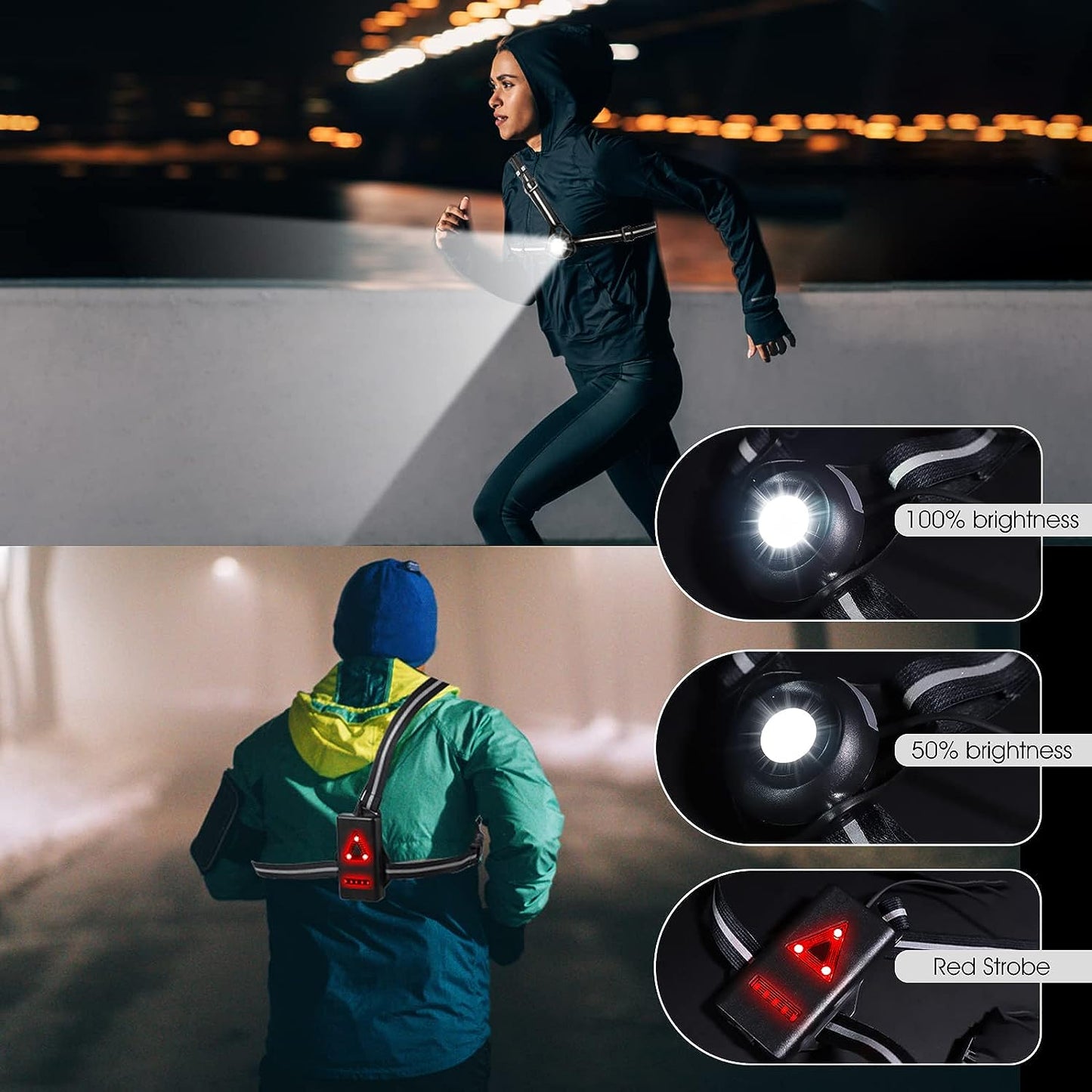 Night Running Lights, USB Rechargeable Chest Light with 90° Adjustable Beam Angle, 500 Lumens Waterproof Ultra Bright Safetylamp with Reflective Straps for Runner