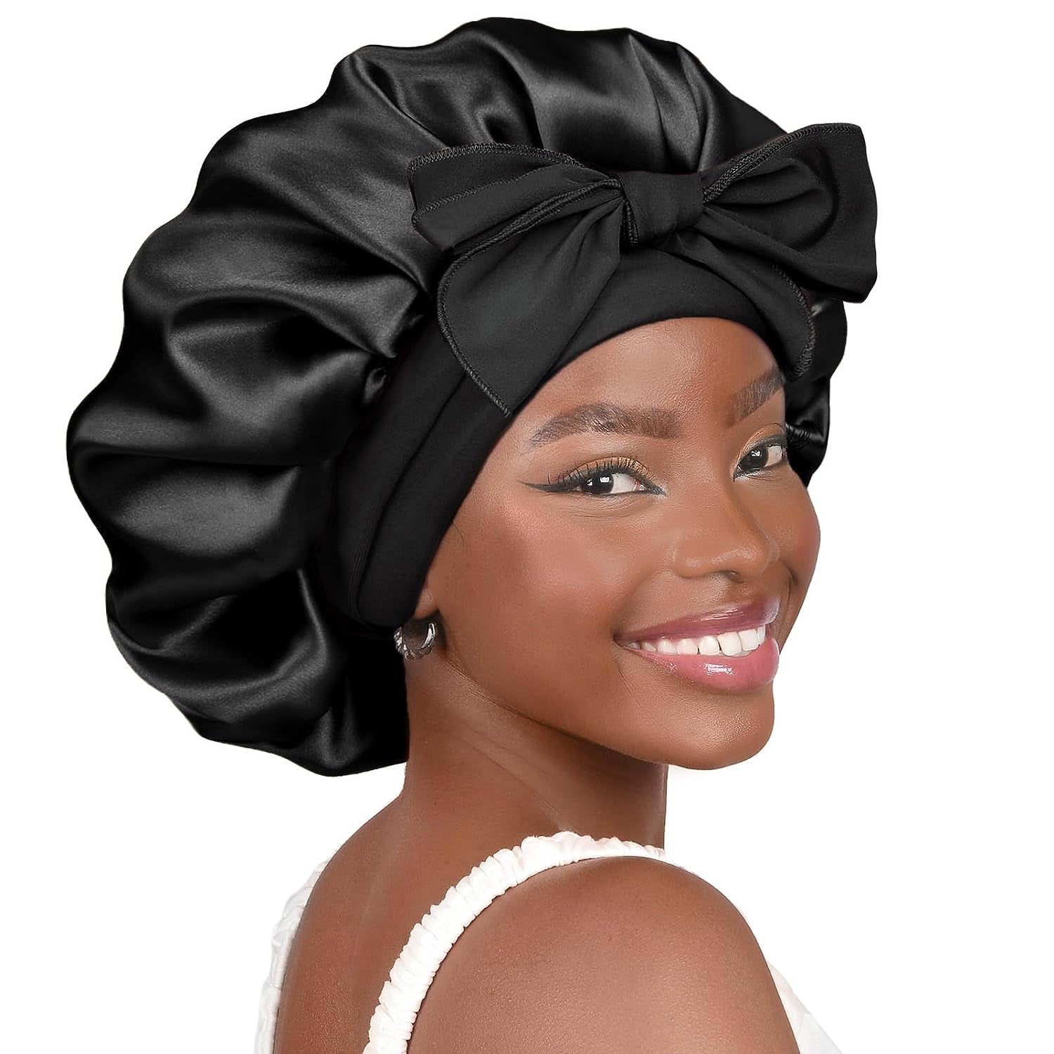 Satin Bonnet Silk Bonnet for Sleeping Double Layer Satin Lined Black Hair Bonnet with Tie Band Bonnets for Women Natural Curly Hair