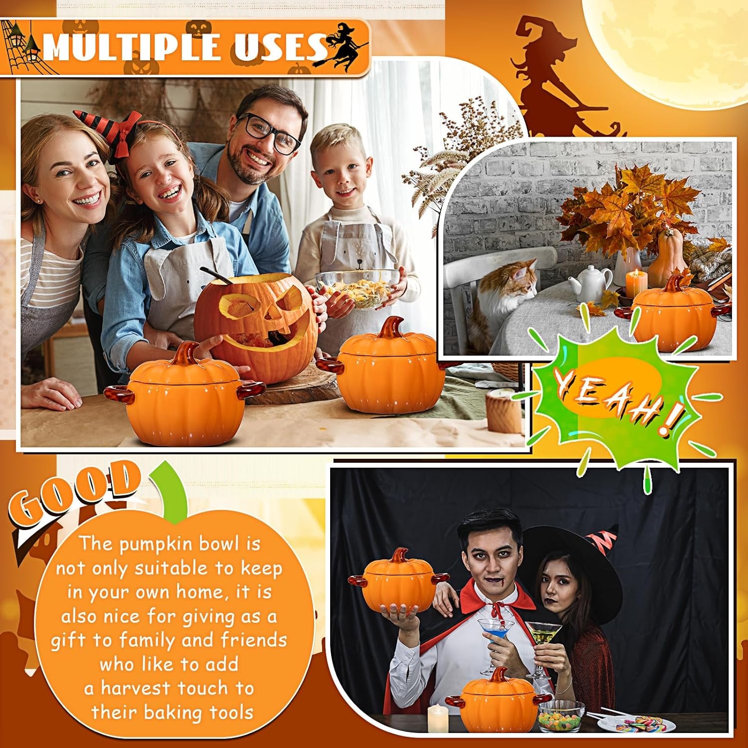 2 Pcs Ceramic Pumpkin Dish Casserole Cookware 17 Oz Pumpkin Pots for Cooking Orange Cute Pumpkin Bowl Safe Pumpkin Oven Pot with Lid Double Ear Baking Bowl for Bakeware Halloween Thanksgiving