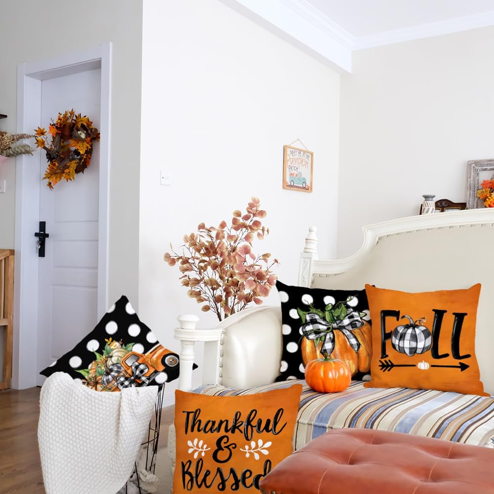 Fall Pillow Covers 18 X 18 Inch Set of 4, Polka Dots Buffalo Bow-Knot Pumpkins Truck Thankful Thanksgiving Decor Decorative Throw Cushion Cases Decoration for Home Sofa Couch (Black) G405-18