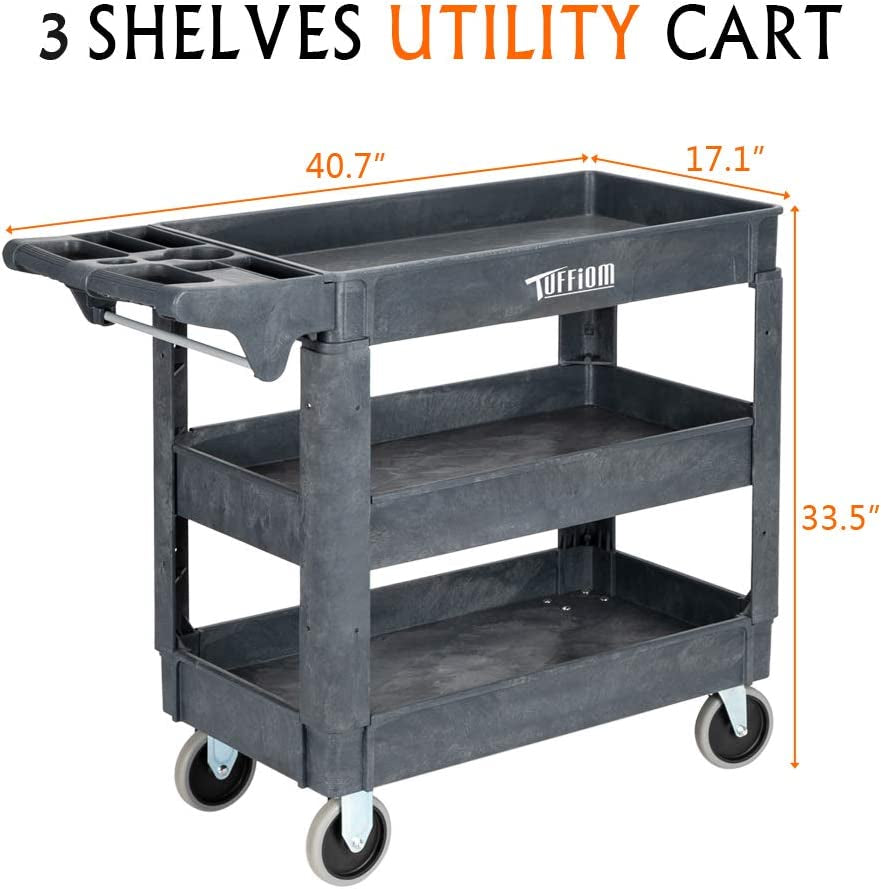 Plastic Service Utility Cart, Support up to 550Lbs Capacity, Heavy Duty Tub Storage Cart W/Deep Shelves, Multipurpose Rolling 3-Tier Mobile Storage Organizer, for Warehouse Garage