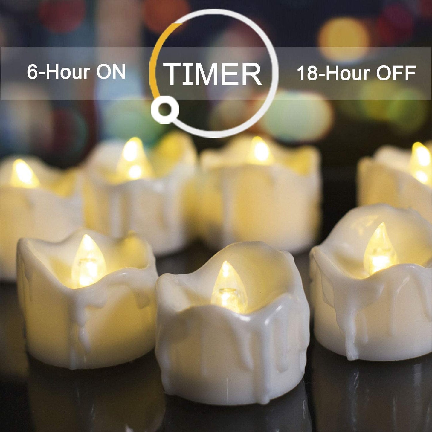 Timer Tea Lights, Flameless Flickering Auto Tea Lights Battery Operated, Auto-On 6 Hours and off 18 Hours Everyday, Batteries Included, Long-Lasting, Pack of 12