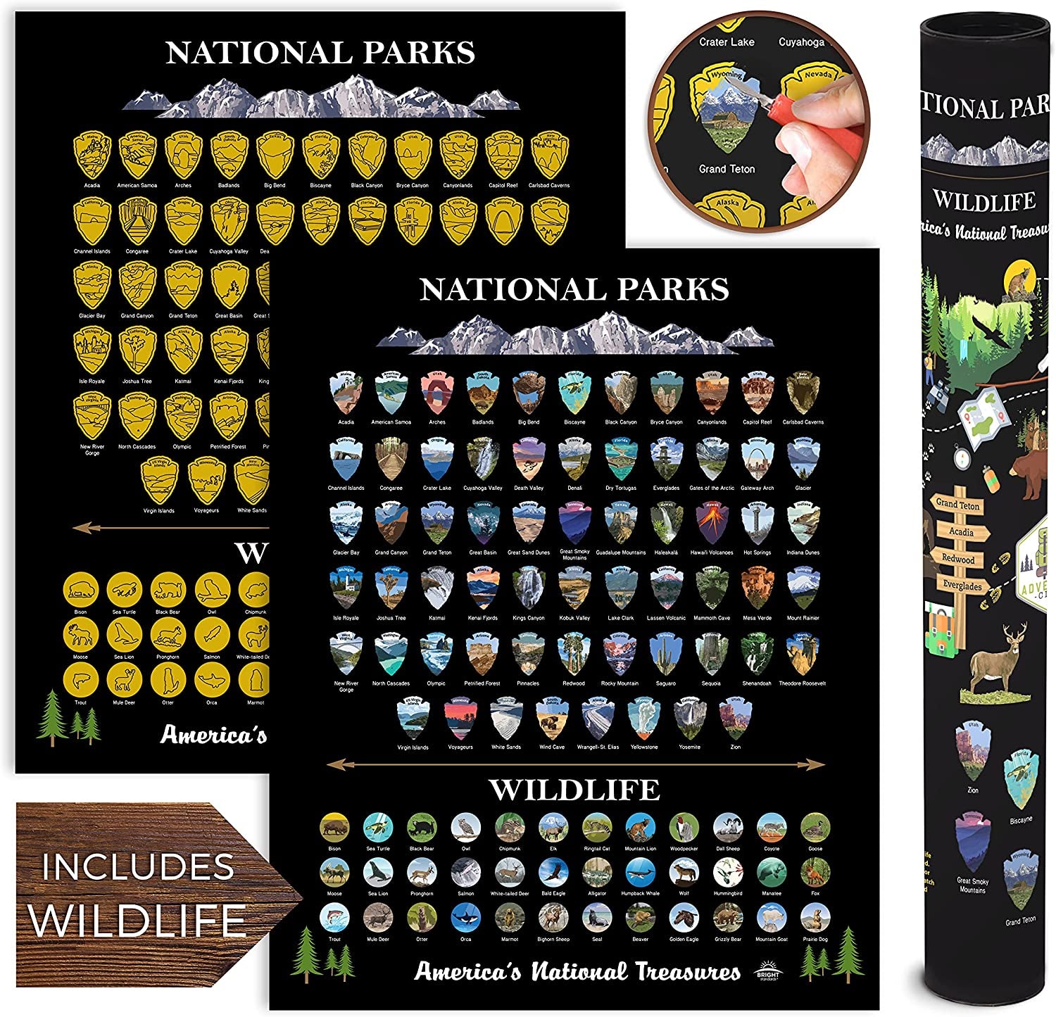 National Parks Scratch off Map of United States Poster [ALL 63 Parks] INCLUDES Wildlife, US Travel Map Print, USA Gift for Travelers Road Trip Adventure Journal, Fits 16”X20” Frame by
