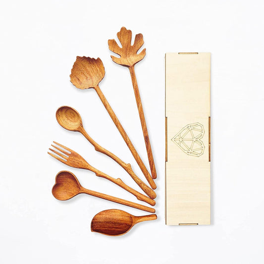 Natural Wooden Spoons and Forks Set (Set of 6), Salad Tongs for Serving, Cooking Gifts for Mom, Housewarming Hostess Gifts, Thanksgiving Gifts, Christmas Gifts for Mom, White Elephant Gifts for Adults