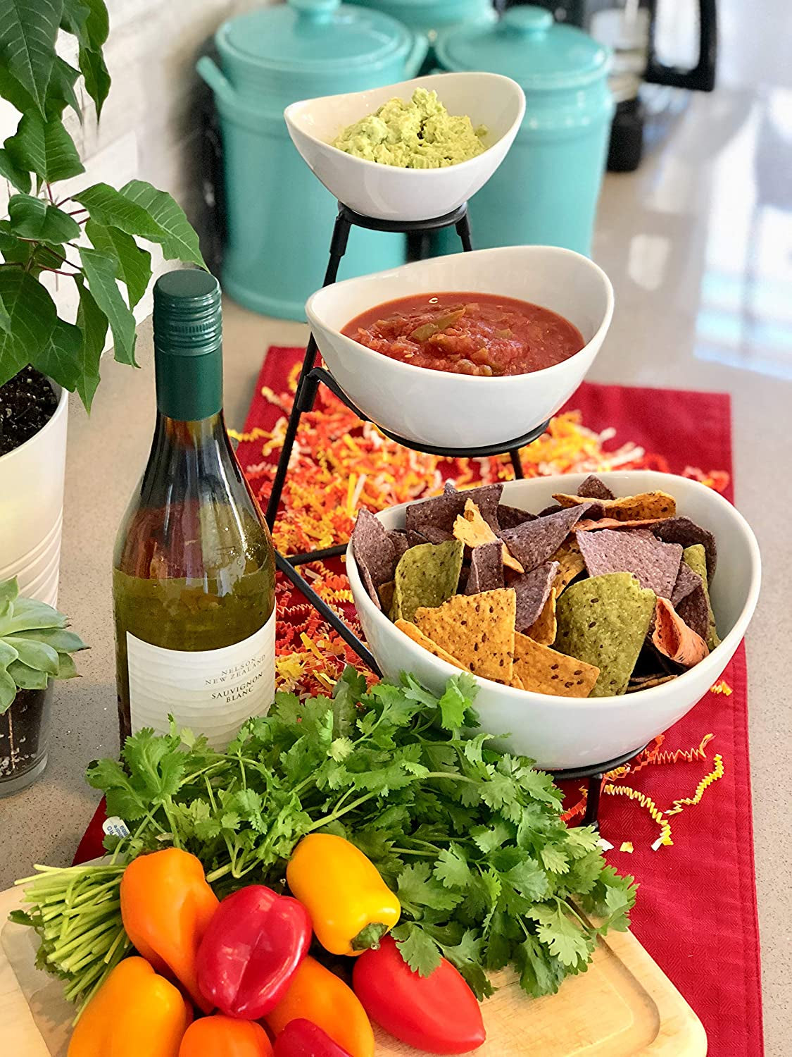 3 Tier White Oval Bowl Set with Collapsible Thicker Metal Rack - Perfect Display for Chips, Dips, Candy, Fruit and More Collapsible Stand with Nesting Bowls for Easy Storage