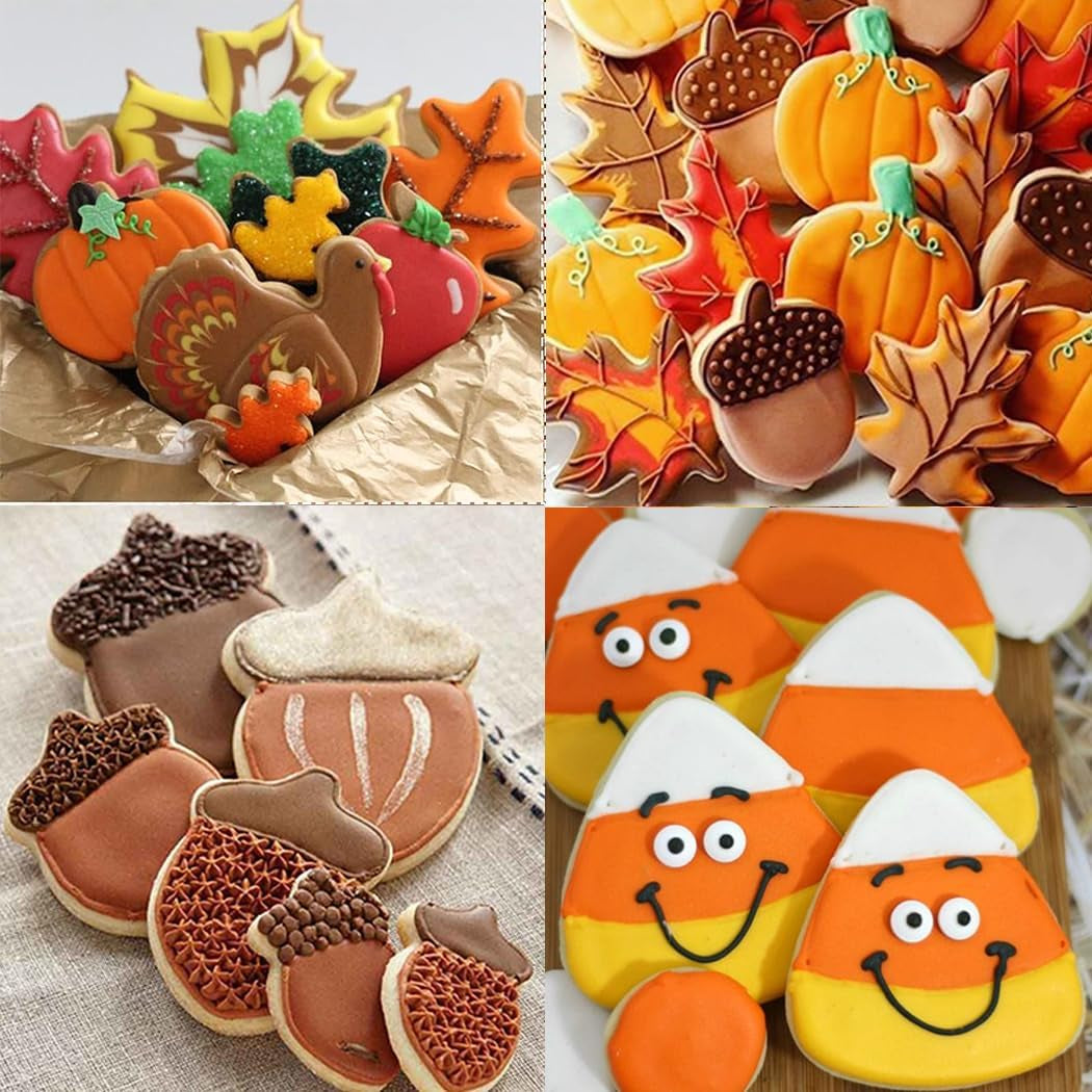 Fall Thanksgiving Feast Cookie Cutters - 5 Pieces Large Cookie Cutters Shape - Turkeys, Oak Leaf, Pumpkin, Acorn, Candy Corn for Christmas Food Party Decorations