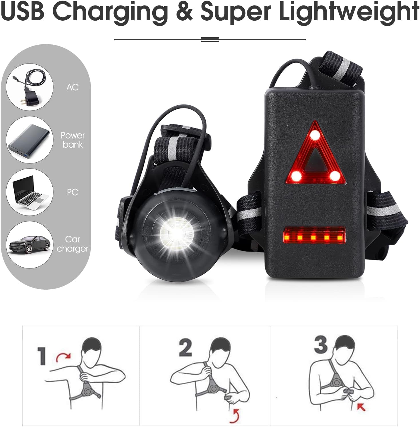 Night Running Lights, USB Rechargeable Chest Light with 90° Adjustable Beam Angle, 500 Lumens Waterproof Ultra Bright Safetylamp with Reflective Straps for Runner