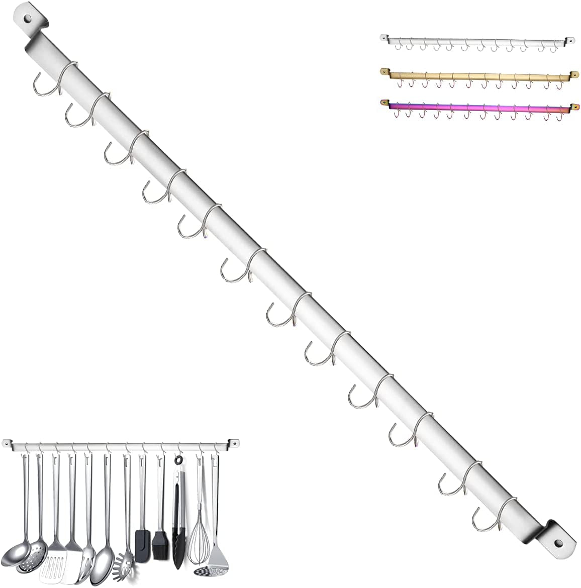 Kitchen Utensil Rack, Kitchen Rack,Rail Rack Organizer for Hanging Knives,Mug Rack, Spatula Rack, Hanging Pot Rack Utensil Holder, Wall Mounted Gourmet Kitchen Rail with 14 Hooks