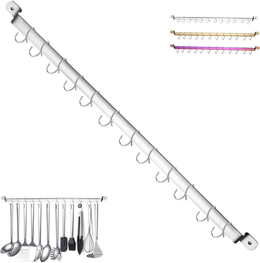 Kitchen Utensil Rack, Kitchen Rack,Rail Rack Organizer for Hanging Knives,Mug Rack, Spatula Rack, Hanging Pot Rack Utensil Holder, Wall Mounted Gourmet Kitchen Rail with 14 Hooks
