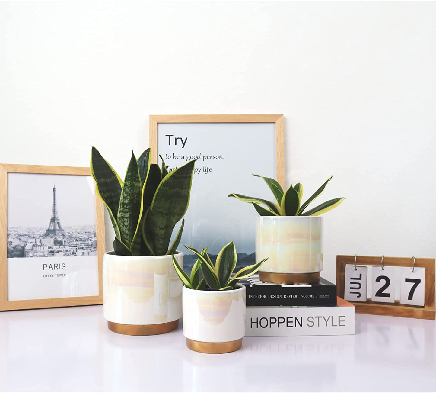White Indoor Pots for Plants, Ceramic Planter with Drainage Hole, 6.0 Inch+5.0 Inch+4.0 Inch. Succulent Orchid Flower Pot - Rainbow Pearl Glaze