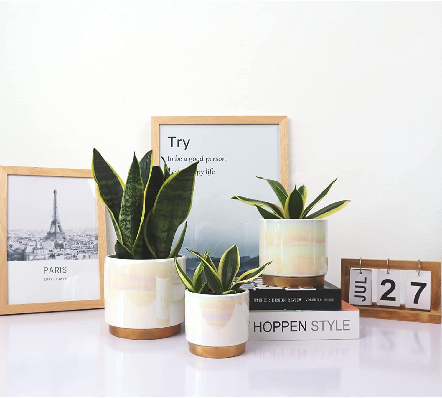 White Indoor Pots for Plants, Ceramic Planter with Drainage Hole, 6.0 Inch+5.0 Inch+4.0 Inch. Succulent Orchid Flower Pot - Rainbow Pearl Glaze