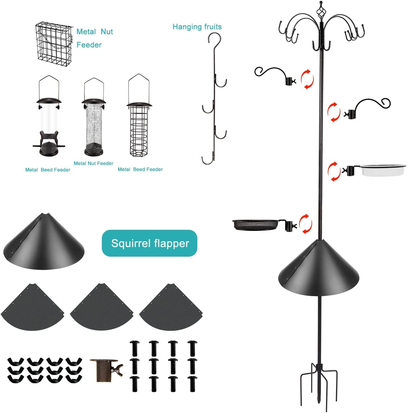 Bird Feeder Station Bird Feeding Station Kit Bird Feeder Pole Wild Bird Feeder Kit with Squirrel Baffle and Suet Cage Mesh Tray Fruit Hook Double W Hook for Attracting Wild Birds (15"L X 3"W X 6"H)