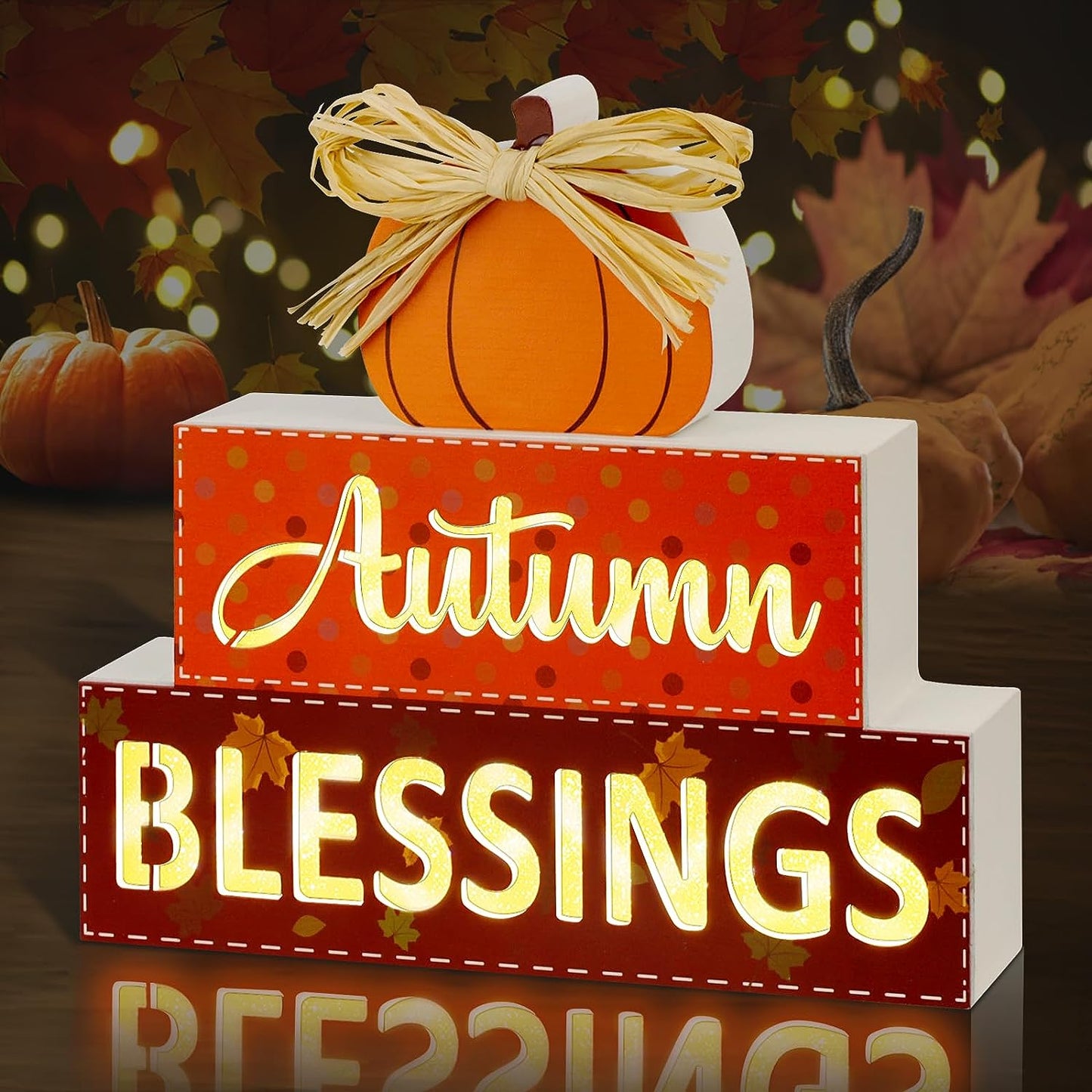 Fall Wooden Signs Light Up,Autumn Blessings Pumpkin Sing Lighted Fall Decorations for Home Indoor Table Mantle Tiered Tray Decor, Fall Harvest Thanksgiving Farmhouse Tabletop Decor