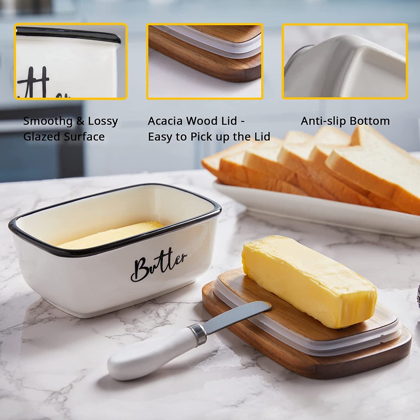 Farmhouse Butter Dish with Lid and Knife for Countertop, Airtight Butter Keeper for Counter or Fridge, Ceramic Butter Container with Thick Acacia Wood Lid, for Kitchen Decor and Accessories, White