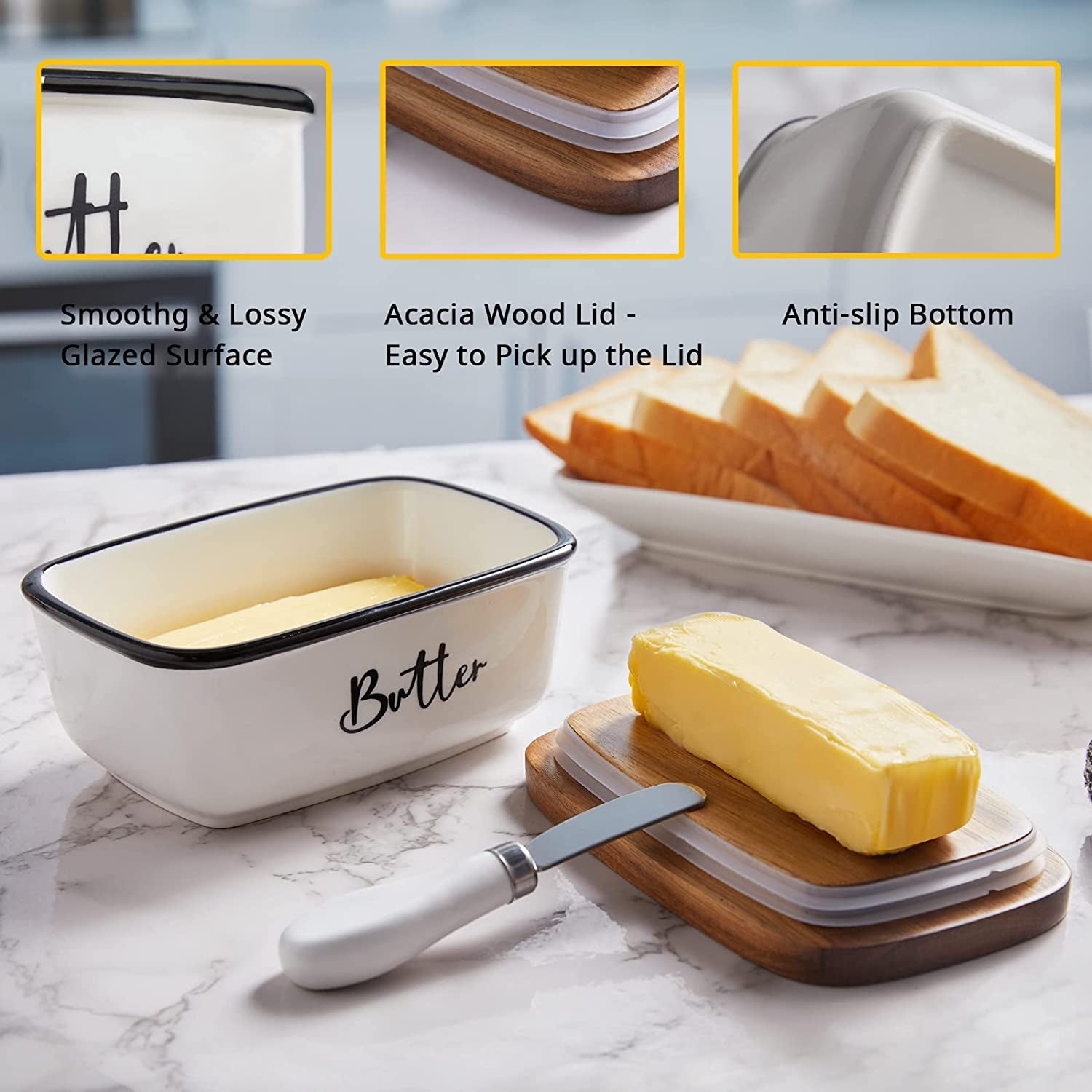 Farmhouse Butter Dish with Lid and Knife for Countertop, Airtight Butter Keeper for Counter or Fridge, Ceramic Butter Container with Thick Acacia Wood Lid, for Kitchen Decor and Accessories, White
