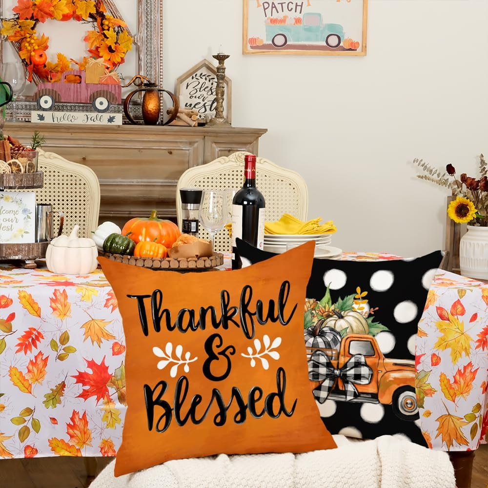Fall Pillow Covers 18 X 18 Inch Set of 4, Polka Dots Buffalo Bow-Knot Pumpkins Truck Thankful Thanksgiving Decor Decorative Throw Cushion Cases Decoration for Home Sofa Couch (Black) G405-18